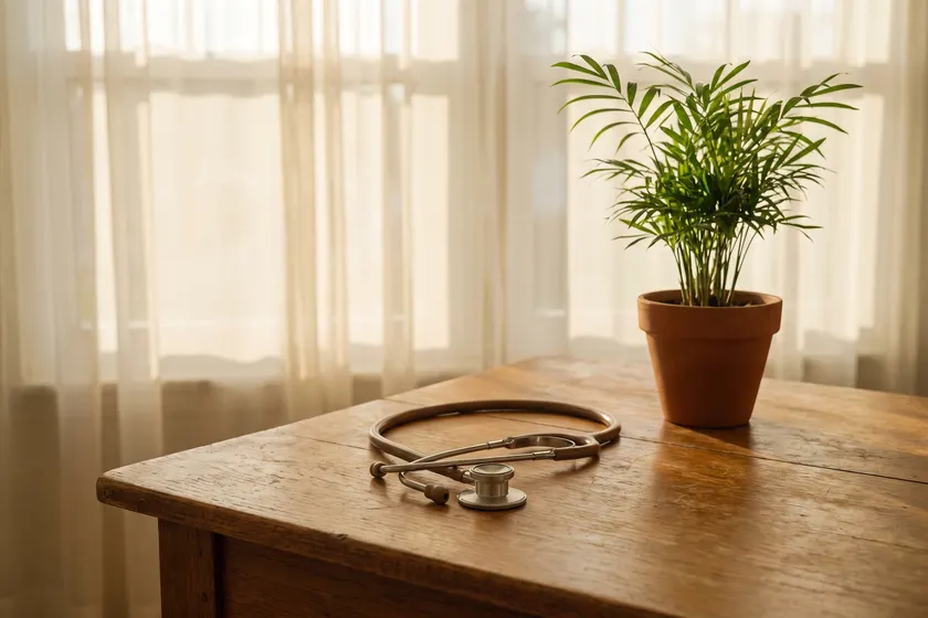 Stethoscope on a warm wooden table beside a small potted palm in soft morning light