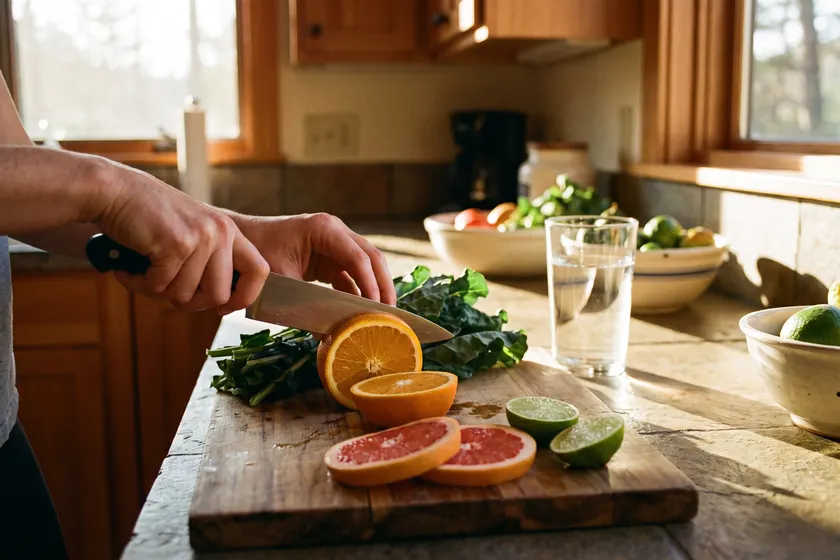Hands slicing fresh citrus and greens on a wooden cutting board in warm kitchen light